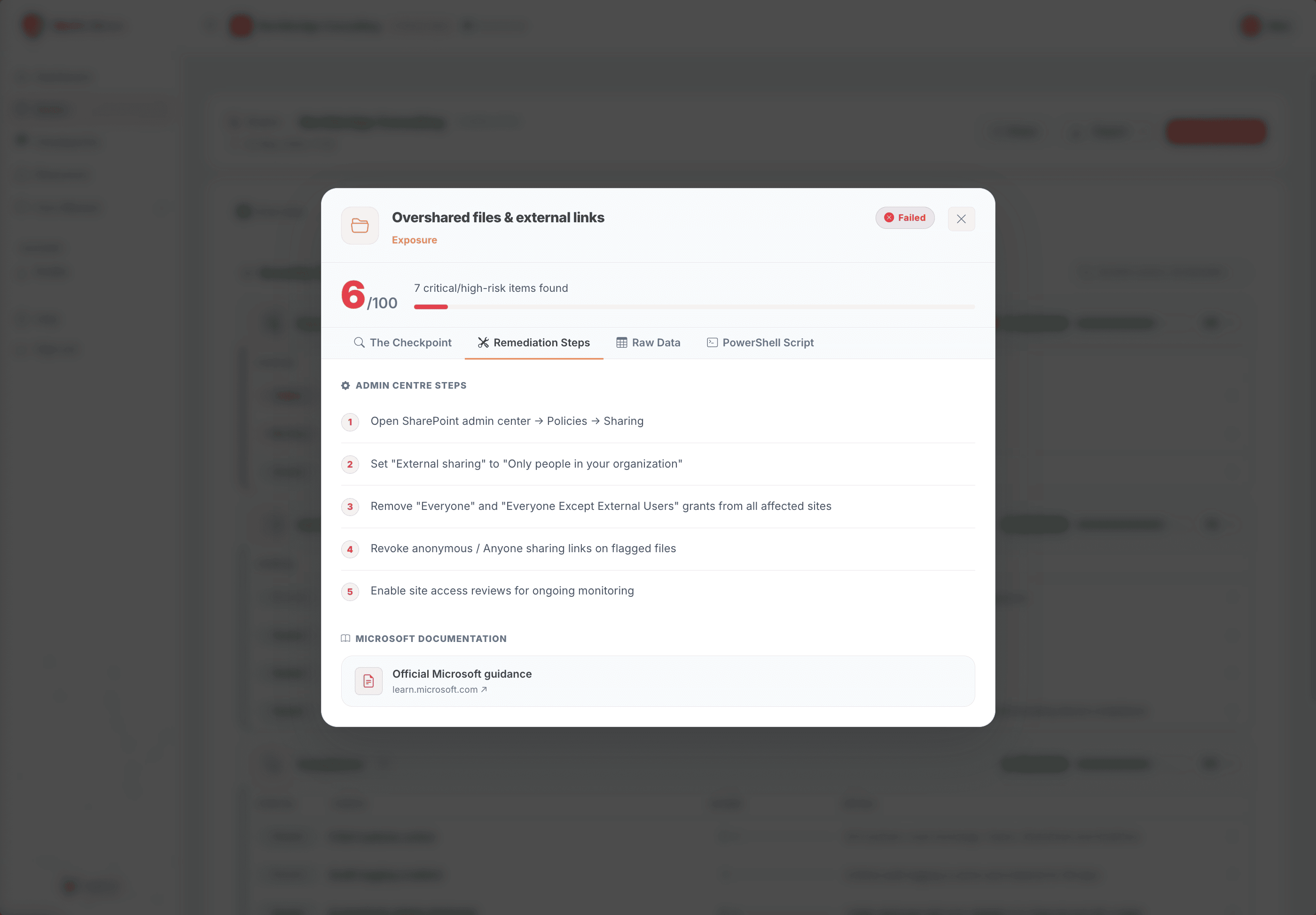 SafeScan remediation steps tab showing numbered instructions and Microsoft docs