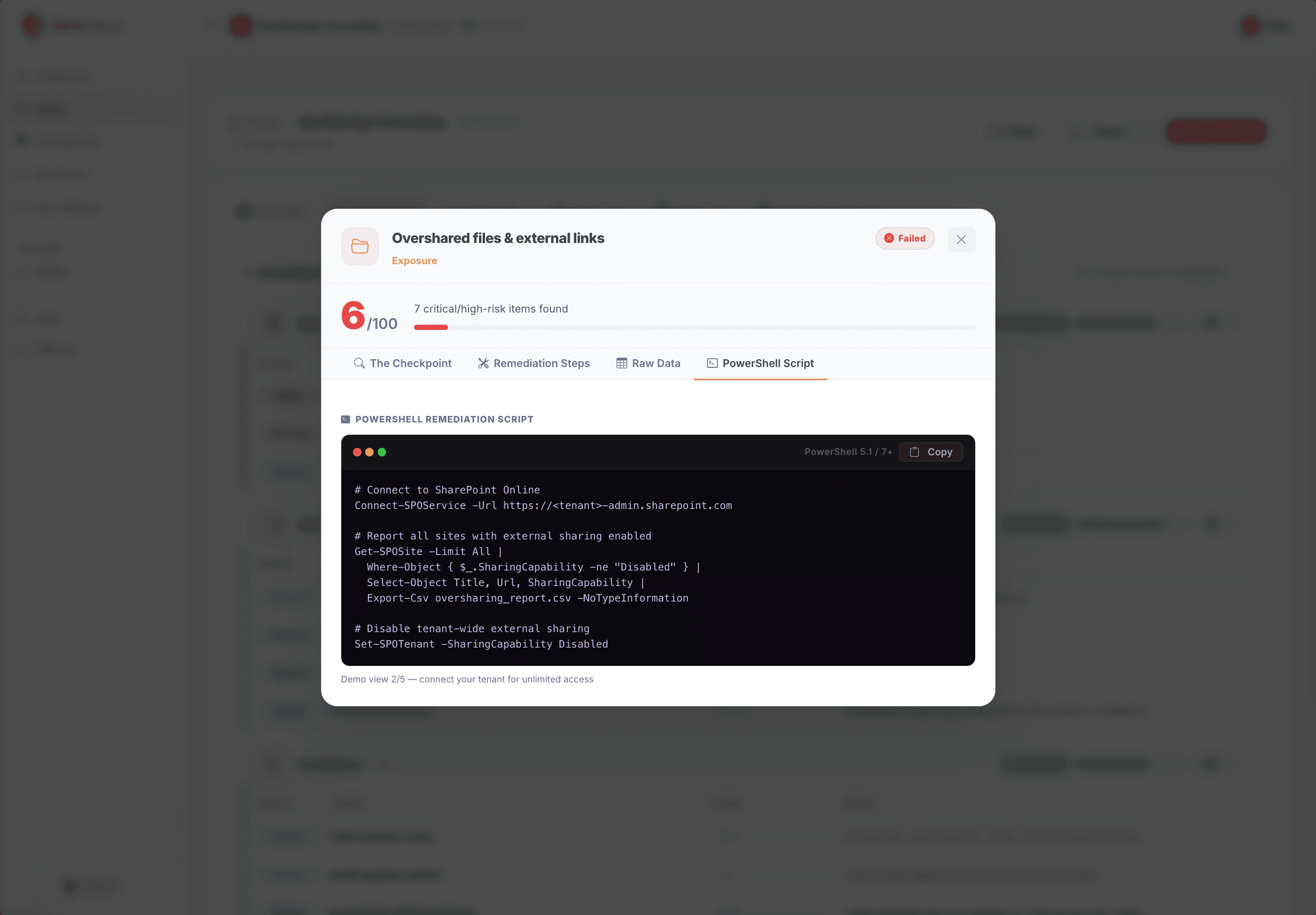 SafeScan PowerShell script tab showing ready-to-run remediation code